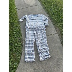 Nautica Women 2-Piece Cozy Fleece Pajama Sleepwear Set XL Aztec Grey White Crew